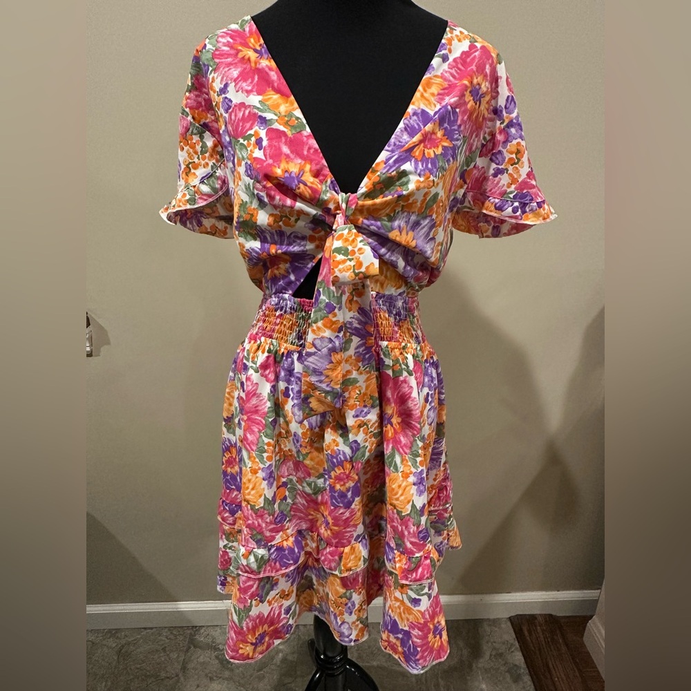 Amazon Pink and Purple Sundress with Flutter Sleeves and Plunge Neckline